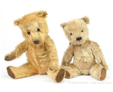 Chiltern pair of vintage teddy bears, British, 1950s: (1) Chiltern flat face Hug-Mee golden mohair with black fleck teddy bea