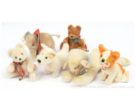 Steiff and Hermann Teddy Original miniatures x six, including: (1) Steiff vintage Elephant, EAN 6310, with button, grey mohai