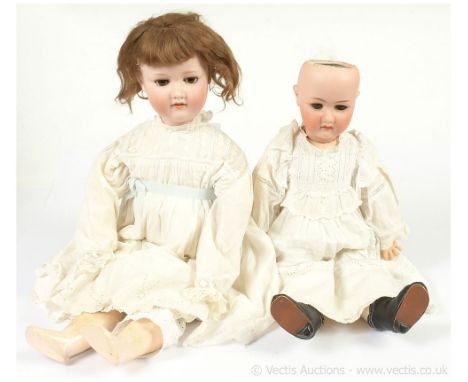 (1) Ernst Heubach antique bisque doll, German, 1914, impressed 250 4, weighted brown eyes, open mouth, composition and wood b