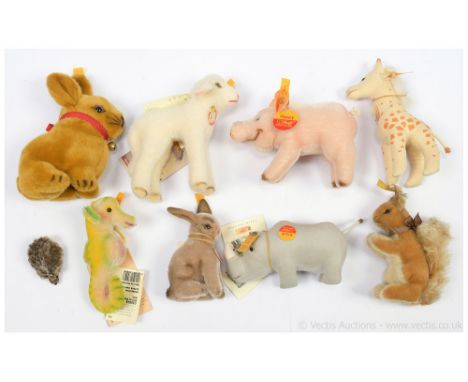 Steiff miniatures x nine, including: (1) Steiff Possy Squirrel, yellow tag 032325, 1991-1993, 4.75"/12cm; (2) Steiff Historic