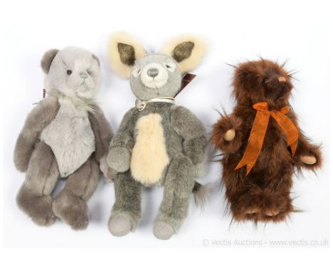 Charlie Bears trio: (1) Charlie Bears Desmond donkey, CB165118, designed by Alison Mills, grey, white and beige plush, with s