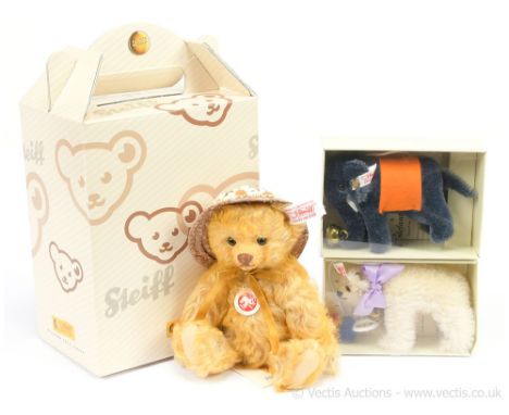 Steiff collection of miniature teddy bears: (1) Mini Teddybar Steiff Sommer 2006, white tag 656415, LE 13/126, 2006, golden w