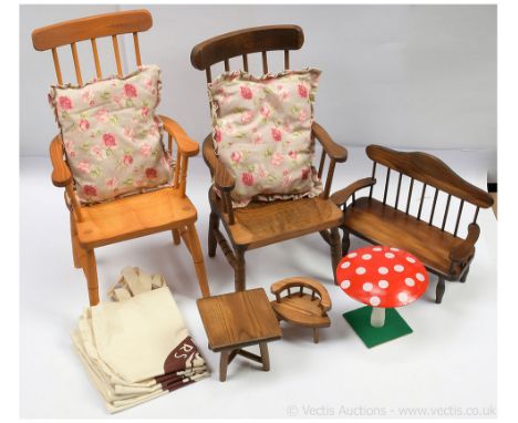 Dolls wooden furniture x six: (1) Christophers Chairs chair, 19.5"/50cm x 9"/23cm x 8.5"/22cm; (2) Christophers Chairs small 