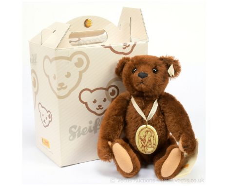 Steiff Margarete Steiff Museum teddy bear 1999, white tag 670343, limited to year of production, chocolate brown mohair, wear