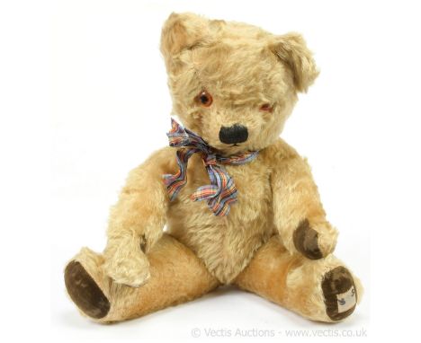 Chad Valley golden mohair vintage teddy bear, British, post 1953, label to left foot By Appointment to HM Queen Elizabeth the