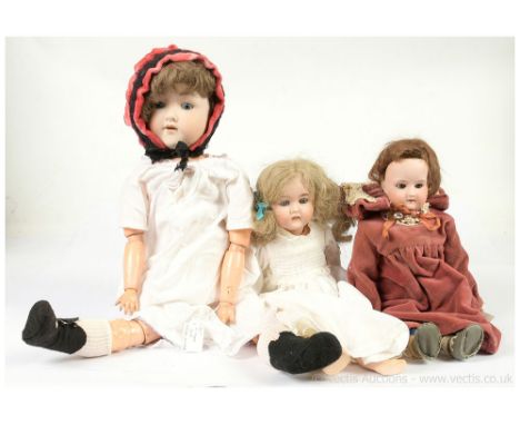 German antique bisque dolls x three: (1) impressed W Germany 6, weighted blue eyes, open mouth, composition and wood ball joi