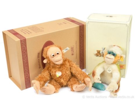 Steiff pair: (1) Steiff Orang-Utan Mimocculo 1930 replica, white tag 401312, LE 3000, rust-brown mohair, with moveable eyes (