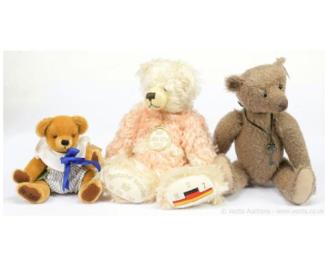 Three German teddy bears: (1) Steiff Keepsake teddy bear, white tag 661884, LE 1500, UK exclusive, brown mohair, wears an ant