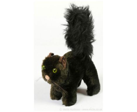 Chad Valley vintage mohair Lucky Black Cat, British, 1930s, "Hygienic Toys. Made in England by Chad Valley Co Limited" red st