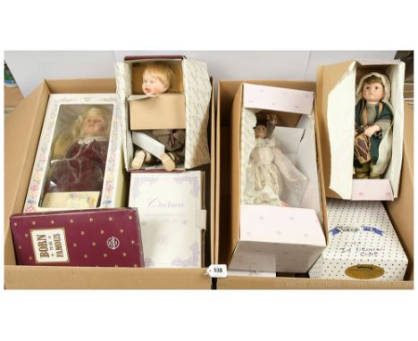 Modern bisque dolls, some are boxed, including: Ashton-Drake- Little Bo Peep; Rock-a-bye and Goodnight; Old Fashioned Eleganc