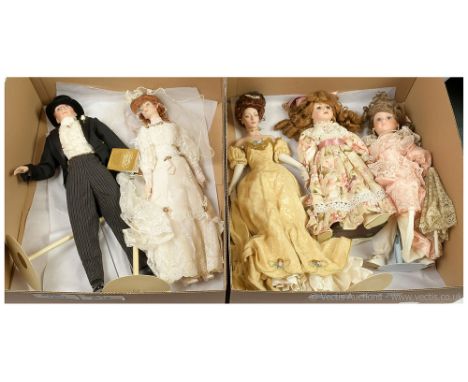 Collection of modern bisque dolls, including: (1) Franklin Mint Heirloom Dolls Anna, the Edwardian Girl, Roman Holiday, 22"/5