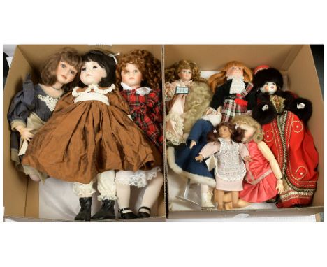 Four boxes containing modern dolls: (1) Heidi Ott Little Ones vinyl doll, 12.5"/30cm; (2) Artist designed bisque doll, by Vic