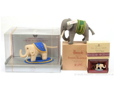 Steiff trio of elephants: (1) Steiff Museum Collection 1880 felt Elephant Replica, 1984-1987, white tag 0080/08, LE 10000, ID