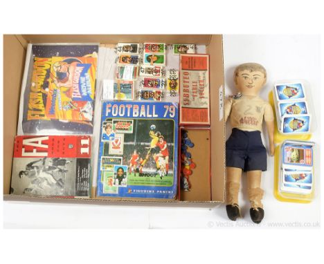 Football memorabilia and collectables, including: England World Cup cloth footballer figure, wearing No 2 Willie shirt, 19"/4