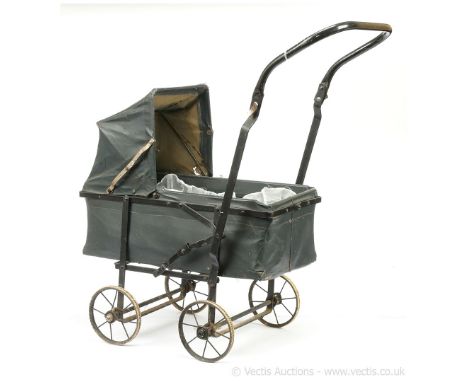 Pair of antique / vintage doll's prams: (1) wooden doll's pram, mounted on sprung chassis, with spoked wheels, ceramic handle