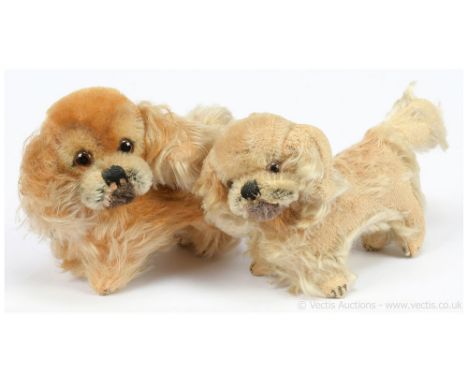 Steiff pair of vintage Peky Pekinese dogs, both are missing buttons and tags, EAN 1310, one with chest tag, brown and black g