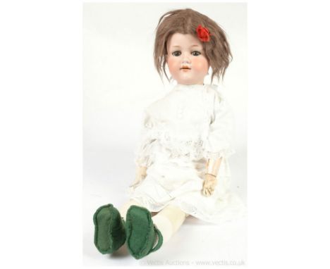 Armand Marseille walking antique bisque doll, German, c 1910, impressed 390 A 11 M, weighted blue eyes, mohair lashes, open m