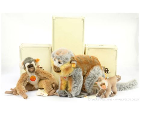 Steiff trio: (1) Steiff Mungo plush Jumping Monkey, yellow tag 120053, 1995-1999, grey / brown plush, chest tag, swing label,