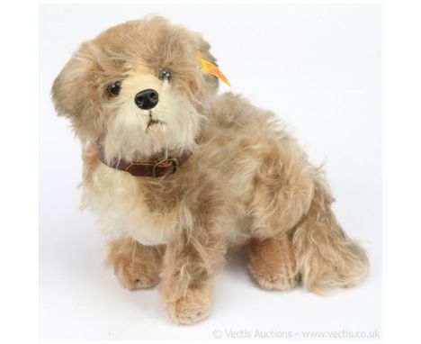 Steiff Treff Skye Terrier dog, yellow tag 031663, light brown and cream mohair, Missing chest tag and swing label, moth damag