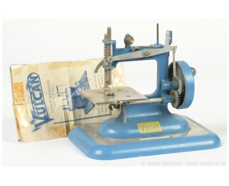 The Vulcan (UK) vintage miniature child's Sewing Machine, c 1948, blue cast iron and tinplate, hand crank, untested, Good Plu