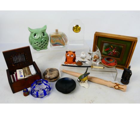 A mixed lot to include desk clock, Goebel bird figure, glassware, small framed oil on board and other. [W]