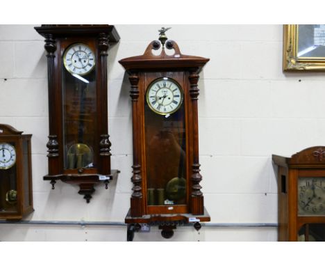 A Vienna style wall clock, walnut veneered case with opening, glazed door, flanked by turned columns, turned finials, case su