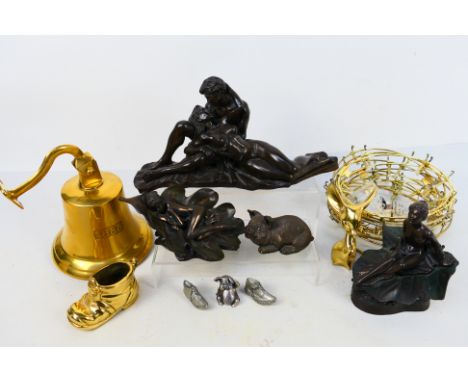 Lot comprising brassware to include a wall mountable bell, four cold cast bronze figures / groups, largest approximately 35 c