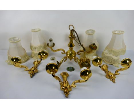 Home lighting to include a five branch brass ceiling light and three boxed wall lights. [4]. [W]