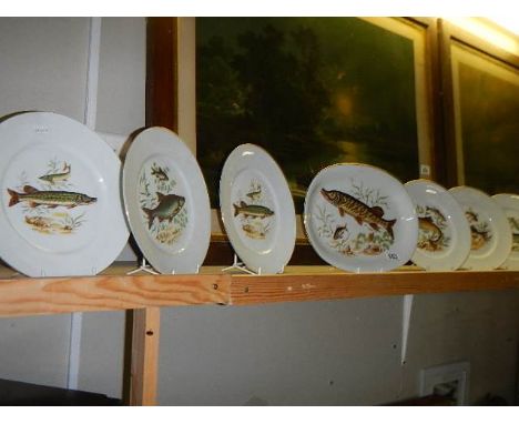 A ceramic fish platter with six matching plates.