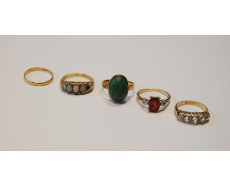 Five 9ct gold gem and other rings, three size L, one size K and one size M, 11.7g gross.&nbsp; (5) 
