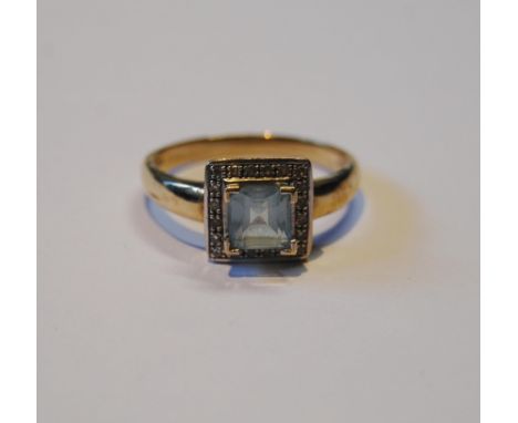 Aquamarine and diamond square cluster ring in 9ct gold, size T, 3.7g gross. 