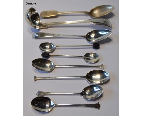 Silver teaspoon by W Jamieson, Aberdeen c. 1840, another two, a cream ladle, fiddle and thread, 1858, and various other silve