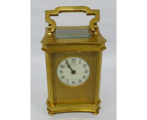 Brass and gilt four glass carriage clock with movement viewing window to the top, inscribed to the enamel dial 'Samuel Leight