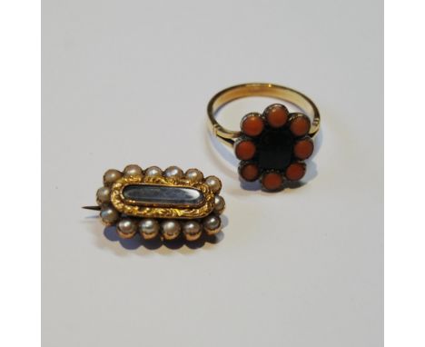 Georgian gold mourning brooch with pearls and a ring with coral, size Q. 