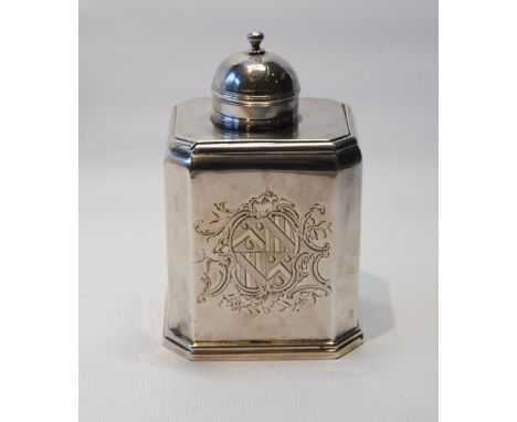 Silver rectangular tea caddy with cut corners and sliding top with domed knop, contemporary crest, by Philip Bruguier, 1758, 