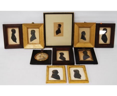 Group of Regency silhouette portraits, c. early 19th century, enclosed in various frames, largest 9cm x 6cm, a Regency portra