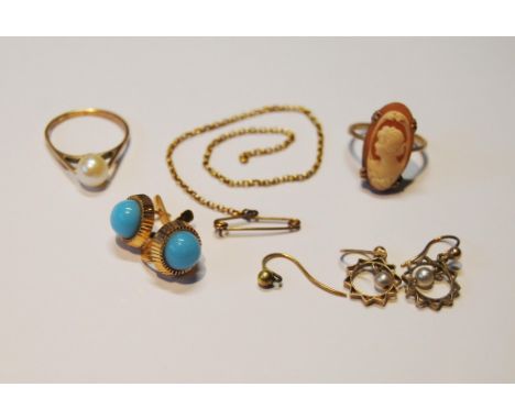 Pair of Italian gold ear clips, another pair, a cameo ring, a pearl ring and other items. 