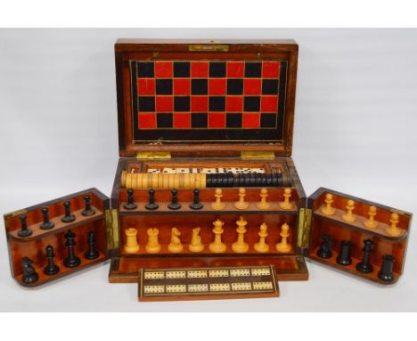 Victorian burr walnut games compendium complete with chess board, backgammon board and horse racing game, thirty-two chess pi