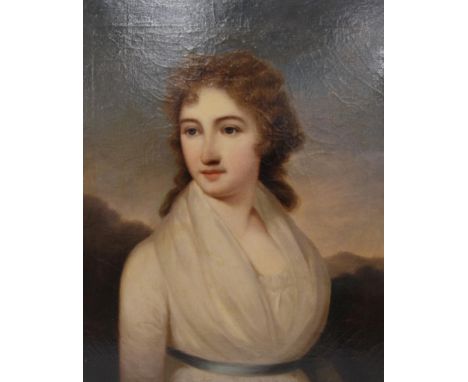 Late 18th Century School in the Manner of John Graham Gilbert (Scottish, 1794 - 1866) Portrait of Mrs Douglas with landscape 