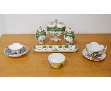 Group of continental porcelain, c. early 20th century, to include an Augustus Rex-style cabinet cup and saucer, Dresden four-