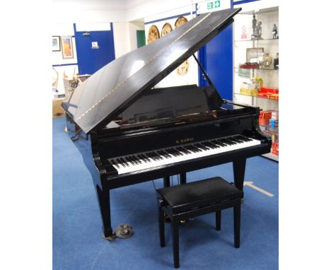 K. Kawai black lacquered grand piano, model KG-2C, c. 1970s, serial no. 1062299, approximately 6ft, with stool. 
