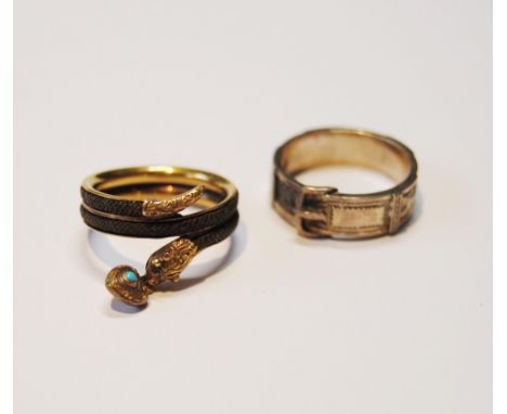 Victorian serpent mourning ring with turquoise drop and another, of buckle form, both size K.  (2)CONDITION REPORT: The snake
