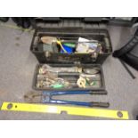 Toolbox and contents including small hand tools, cutters, level, etc.
