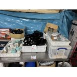 Nine boxes of various glassware, ceramic mugs, plates, jugs and takeaway coffee cups