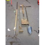 Hole post borer, rake, shovel, ground compactor and three reels of orange mesh