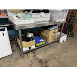 Two stainless steel tables and one stainless steel sink with wooden high chair