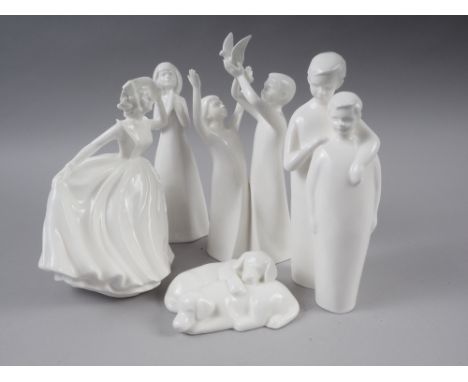 Five Royal Doulton white china figures, a Lladro figure of a child and two similar Nao figures 