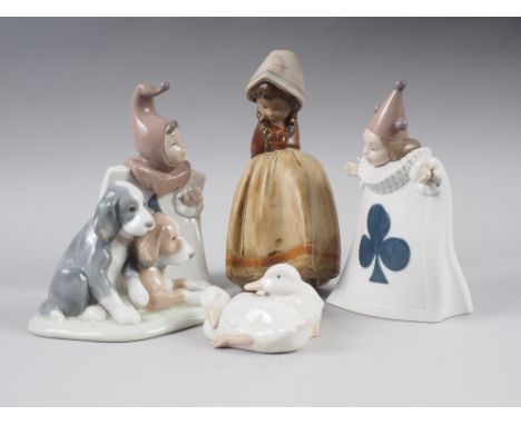 A Lladro brown ceramic figure of a young girl, two Nao card figures and two Nao animal groups 