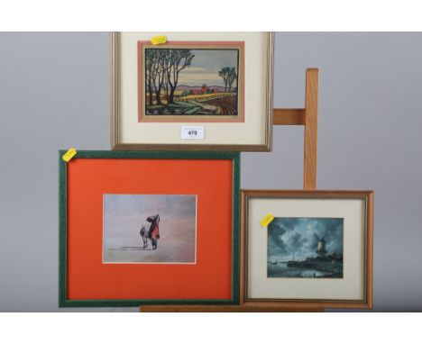 Graham Dudley Page: a signed linocut, oast houses, in gilt strip frame, and two other colour prints 