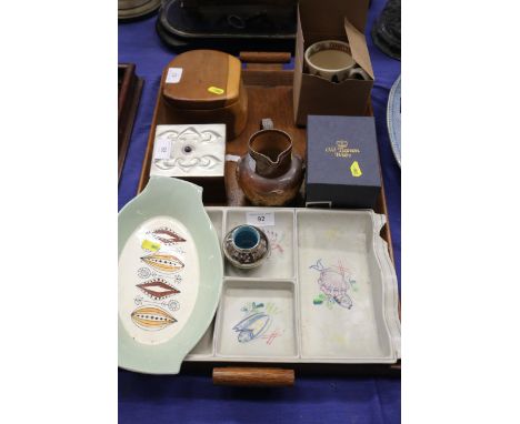 A Poole hors d'oeuvres dish, a hardwood box and other decorative items